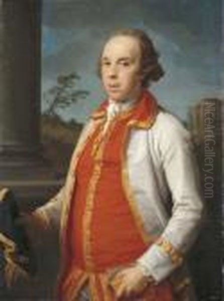 Portrait Of Robert Udny 
(1722-1802), Half-length, In A Gold-trimmed Coat, Holding A Hat And 
Gloves In His Right Hand, The Temple Of The Sybil At Tivoli Beyond Oil Painting by Pompeo Gerolamo Batoni