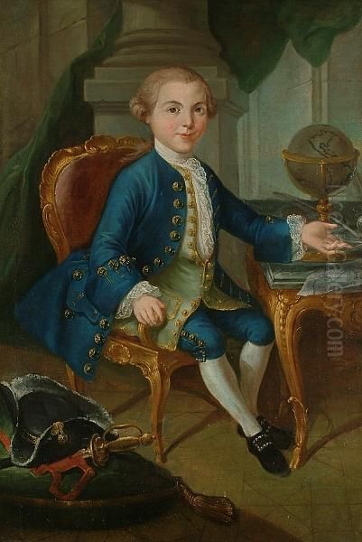 Portrait Of A Child, Seated At A
 Desk, With A Blue Coat And Breeches And A Green Embroidered Waistcoat, 
Gesturing To A Globe And Maps Oil Painting by Pompeo Gerolamo Batoni