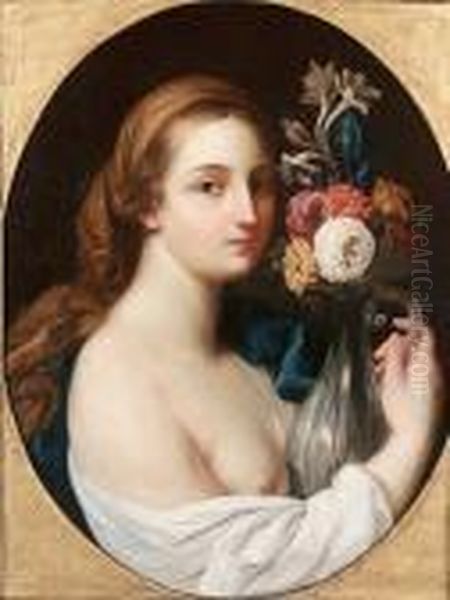 A Woman, Bust-length, Holding A Vase Of Flowers Oil Painting by Pompeo Gerolamo Batoni