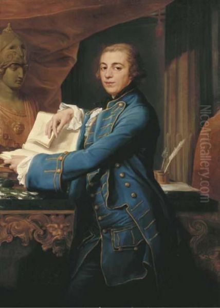 Portrait Of John Crewe, Later 
1st Baron Crewe (1742-1829),three-quarter-length, In A Gold-embroidered 
Blue Coat Andwaistcoat, Holding A Book, By A Marble-topped Table With A 
Bust Ofminerva, In An Interior Oil Painting by Pompeo Gerolamo Batoni