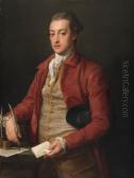 Portrait Of The Hon. Lionel 
Damer, Half-length, In A Red Coat, Witha Grey Vest And A White Cravat, 
Holding A Letter And A Quillpen Oil Painting by Pompeo Gerolamo Batoni