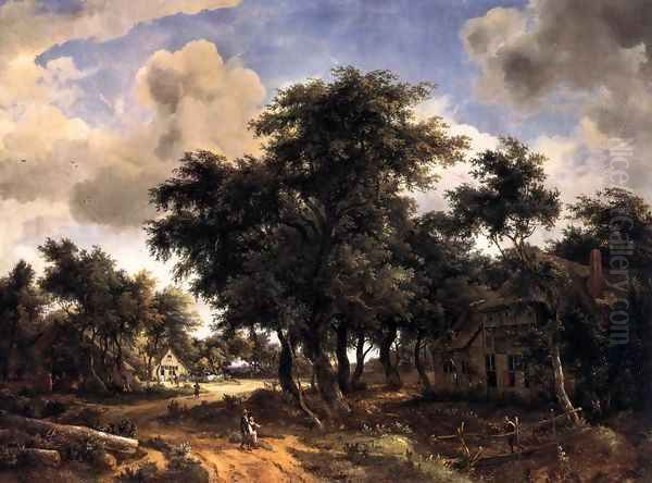 Village Street under Trees Oil Painting by Meindert Hobbema