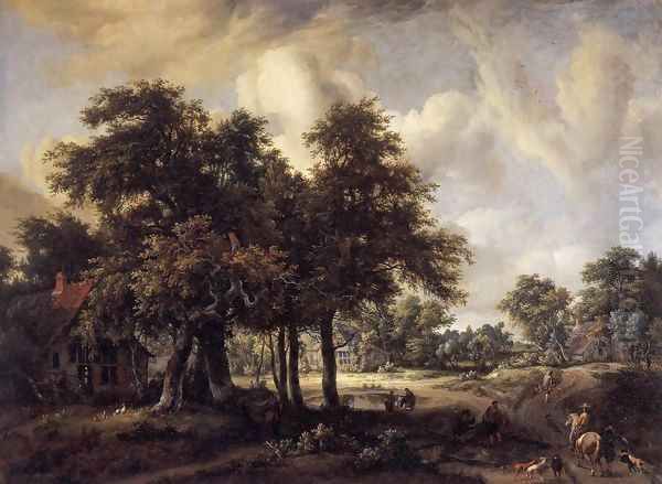 Wooded Landscape with Cottages Oil Painting by Meindert Hobbema