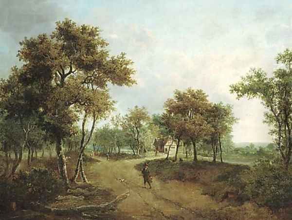 A wooded landscape with a cottage and figures on a path Oil Painting by Meindert Hobbema