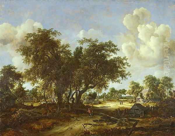 Wooded Landscape with Cottages 1665 Oil Painting by Meindert Hobbema