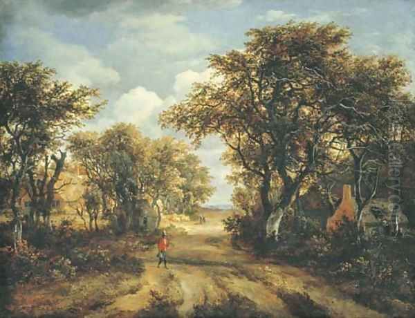 A wooded landscape with a hunter and other figures on a path Oil Painting by Meindert Hobbema