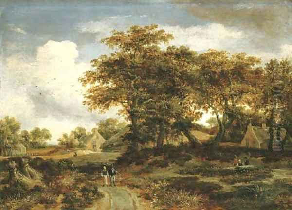 A wooded landscape with peasants and a village Oil Painting by Meindert Hobbema