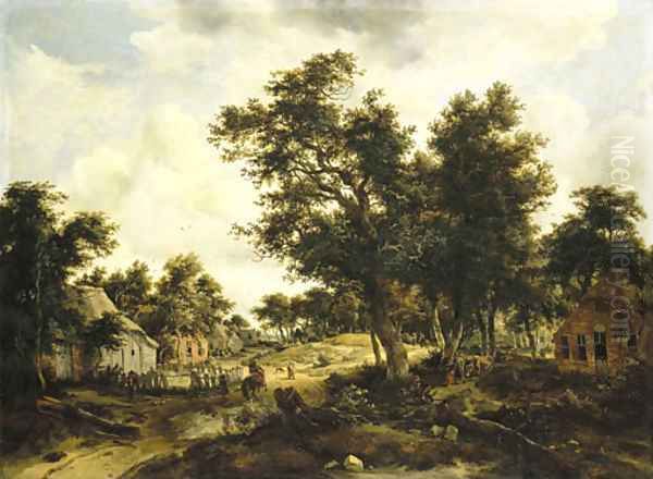 A wooded landscape with travellers on a path through a hamlet Oil Painting by Meindert Hobbema