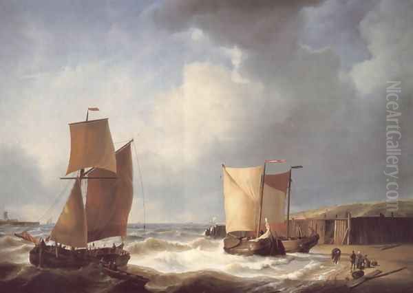 Fisherfolk and Ships by the Coast Oil Painting by Abraham Hulk Snr