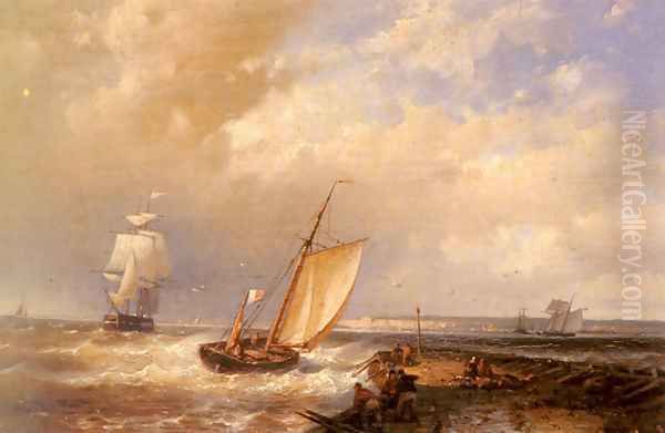 A Dutch Pink Heading Out To Sea, With Shipping Beyond Oil Painting by Abraham Hulk Snr