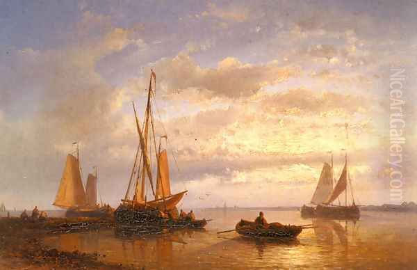 Dutch Fishing Vessels In A Calm At Sunset Oil Painting by Abraham Hulk Snr