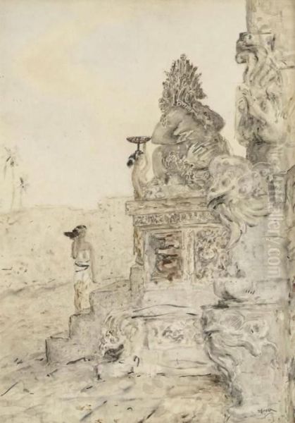 Balinese Women With Offerings At The Templegate Bali Oil Painting by Marius Bauer