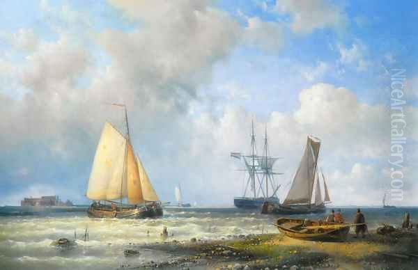 Dutch Barges in a Calm Oil Painting by Abraham Hulk Snr