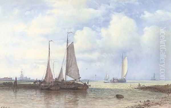 Barges on the Scheldt in the early morning light Oil Painting by Abraham Hulk Snr