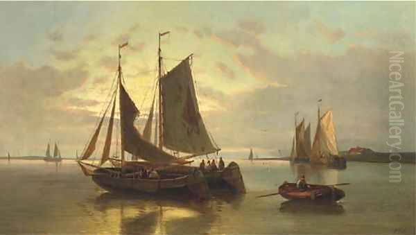 Barges on the Scheldt at dusk Oil Painting by Abraham Hulk Snr