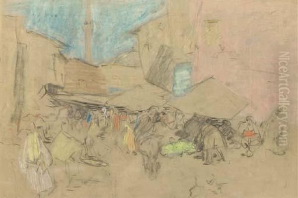 Market In Constantinople - A Study Oil Painting by Marius Bauer