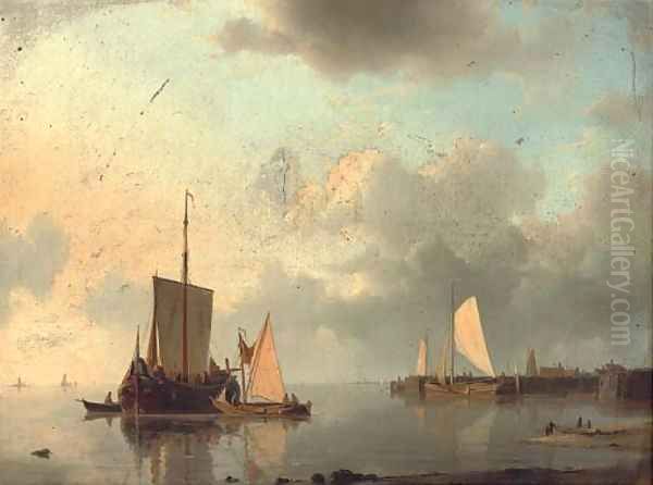 Barges on the estuary in the evening light Oil Painting by Abraham Hulk Snr