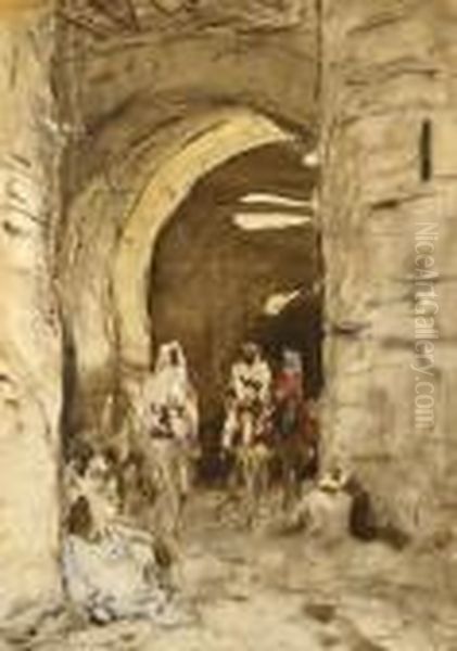 Horsemen By A City Gate Oil Painting by Marius Bauer