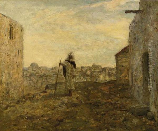 Blinde Bedelaar: A Blind Beggar On A Hill Top, A Town Beyond Oil Painting by Marius Bauer