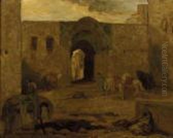 Binnenplaats Constantinopel: Horses In A Courtyard Oil Painting by Marius Bauer