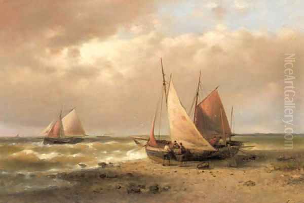 Sailors standing by a beached sailingvessel Oil Painting by Abraham Hulk Snr