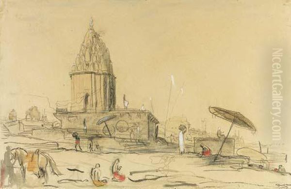 A Temple On The Ganges At 
Benares (recto); A Sketch Of Temples Andother Buildings Along The Ganges
 (verso) Oil Painting by Marius Bauer