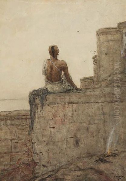 A Contemplating Indian Overlooking A River Oil Painting by Marius Bauer