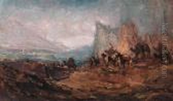 A Caravan In A Desert Landscape At Dusk Oil Painting by Marius Bauer