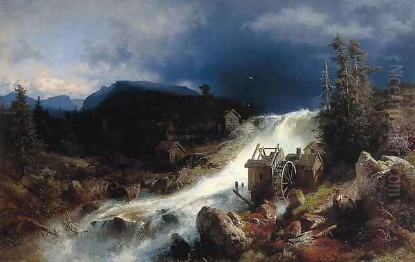 Mountain Landscape with Watermill Oil Painting by Herman Herzog