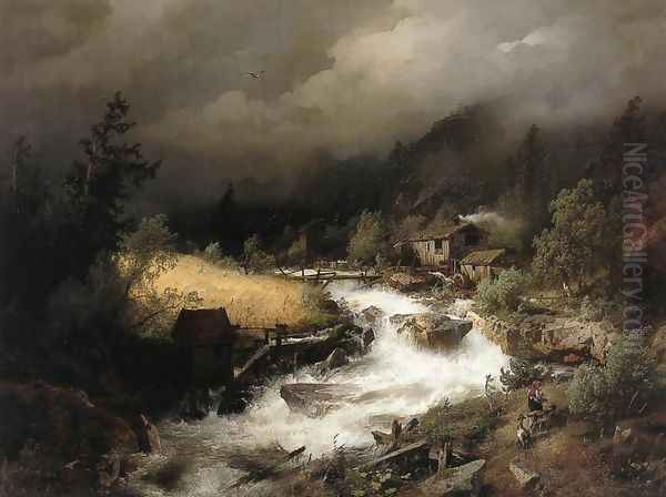 The Old Water Mill Oil Painting by Herman Herzog