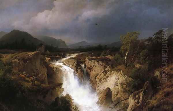 Landscape with Waterfall Oil Painting by Herman Herzog