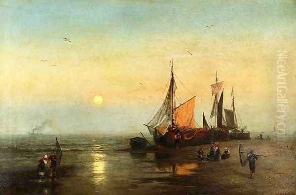 Moonlit Fishing Scene Oil Painting by Herman Herzog