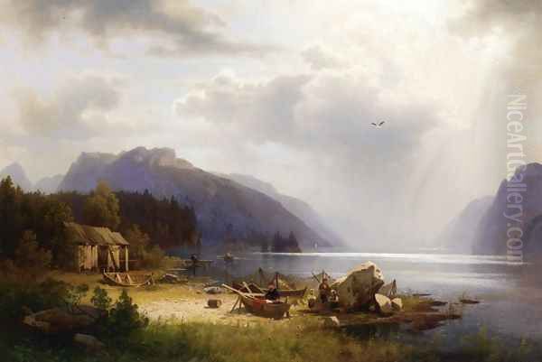 Fishing in an Alpine Lake Oil Painting by Herman Herzog