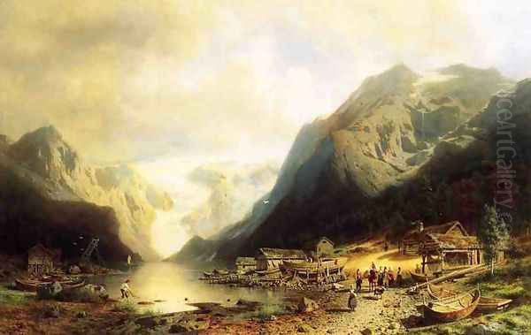 Fishermans Village on an Alpine Lake Oil Painting by Herman Herzog