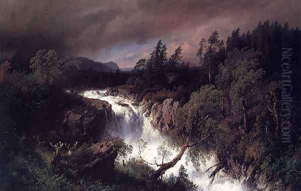 Mountain Landscape and Waterfall Oil Painting by Herman Herzog