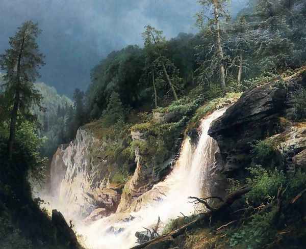 Western Waterfall Oil Painting by Herman Herzog