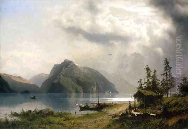 Landscape with Lake and Mountains Oil Painting by Herman Herzog