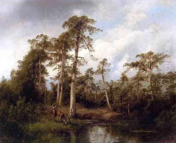 Florida Live Oaks with Deer Oil Painting by Herman Herzog