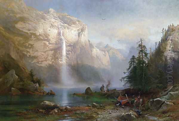 Mountain Lake Camp Oil Painting by Herman Herzog