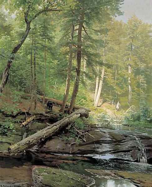 Bear Approaching a Forest Stream Oil Painting by Herman Herzog