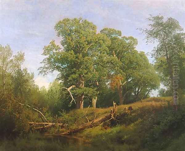 Deer in a Wooded Landscape Oil Painting by Herman Herzog