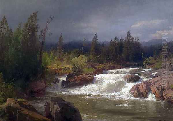 Norwegian Waterfall Oil Painting by Herman Herzog