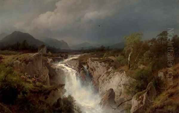 Elk by a Cascading River Oil Painting by Herman Herzog