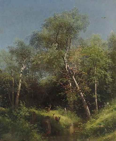 Deer in the Wild Woods Oil Painting by Herman Herzog