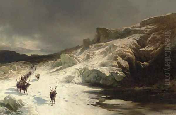 Elk in a Snowy Landscape Oil Painting by Herman Herzog