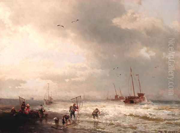 Fishermen by the shore of a stormy sea Oil Painting by Herman Herzog