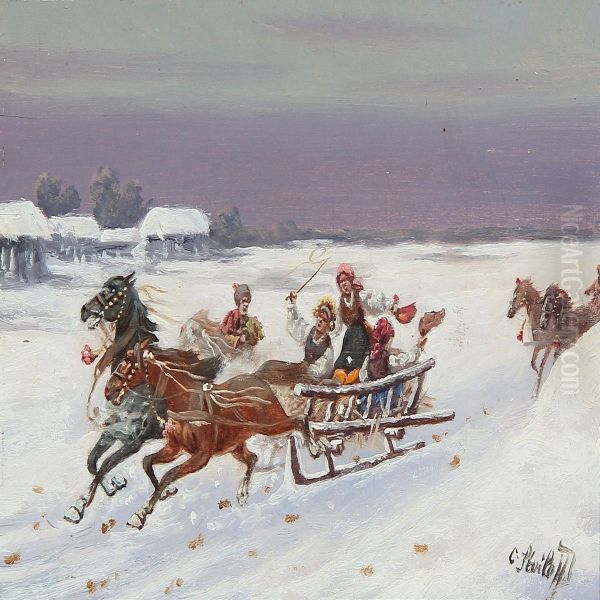 Sleigh Riding In Russia Oil Painting by Adolf Baumgartner