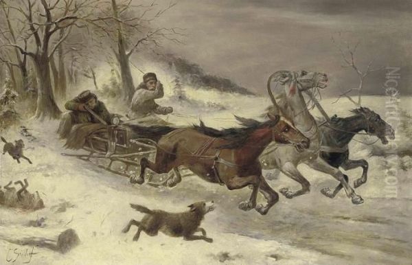 Running From The Wolves Oil Painting by Adolf Baumgartner