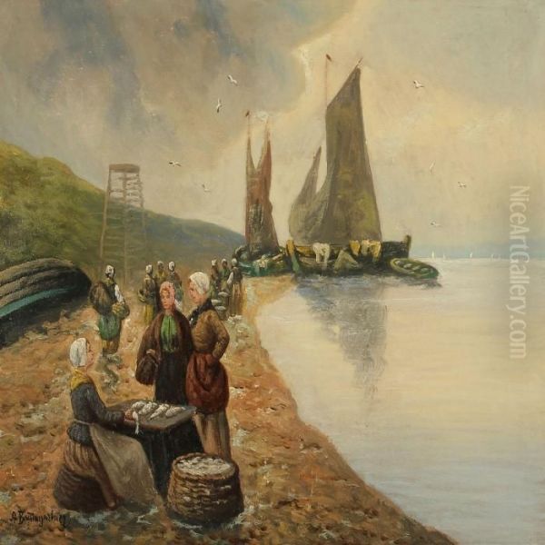 Coastal Scene With A Fisherman's Wife Selling Fish Oil Painting by Adolf Baumgartner