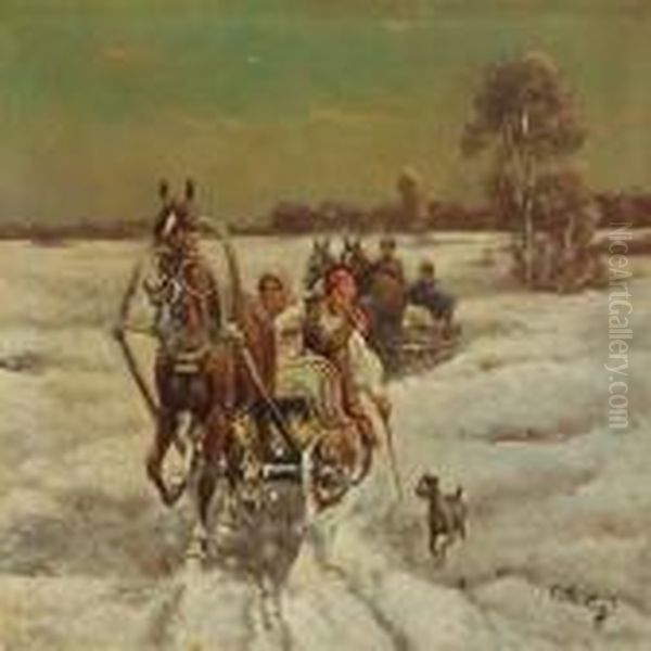 Sleigh Ride Oil Painting by Adolf Baumgartner